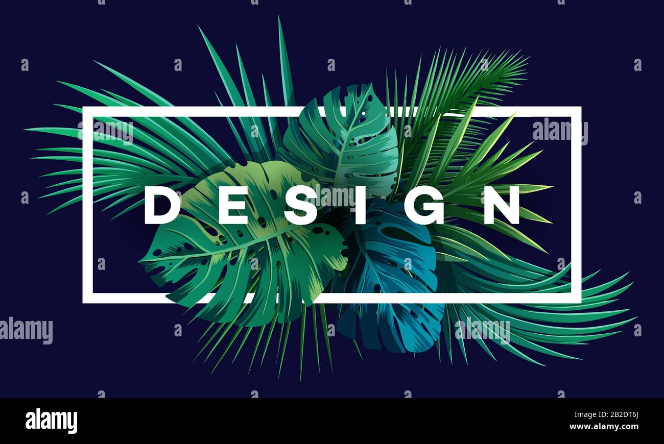 Luminoso sfondo tropicale con piante della giungla. Motivi esotici con foglie di palma. Illustrazione Vettoriale