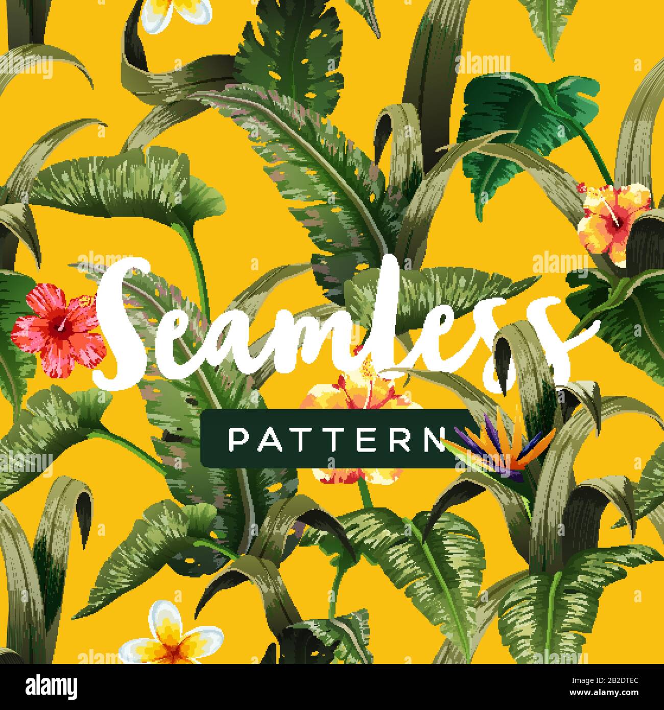 Luminoso motivo tropicale senza cuciture con piante della giungla. Sfondo esotico con foglie di palma Illustrazione Vettoriale