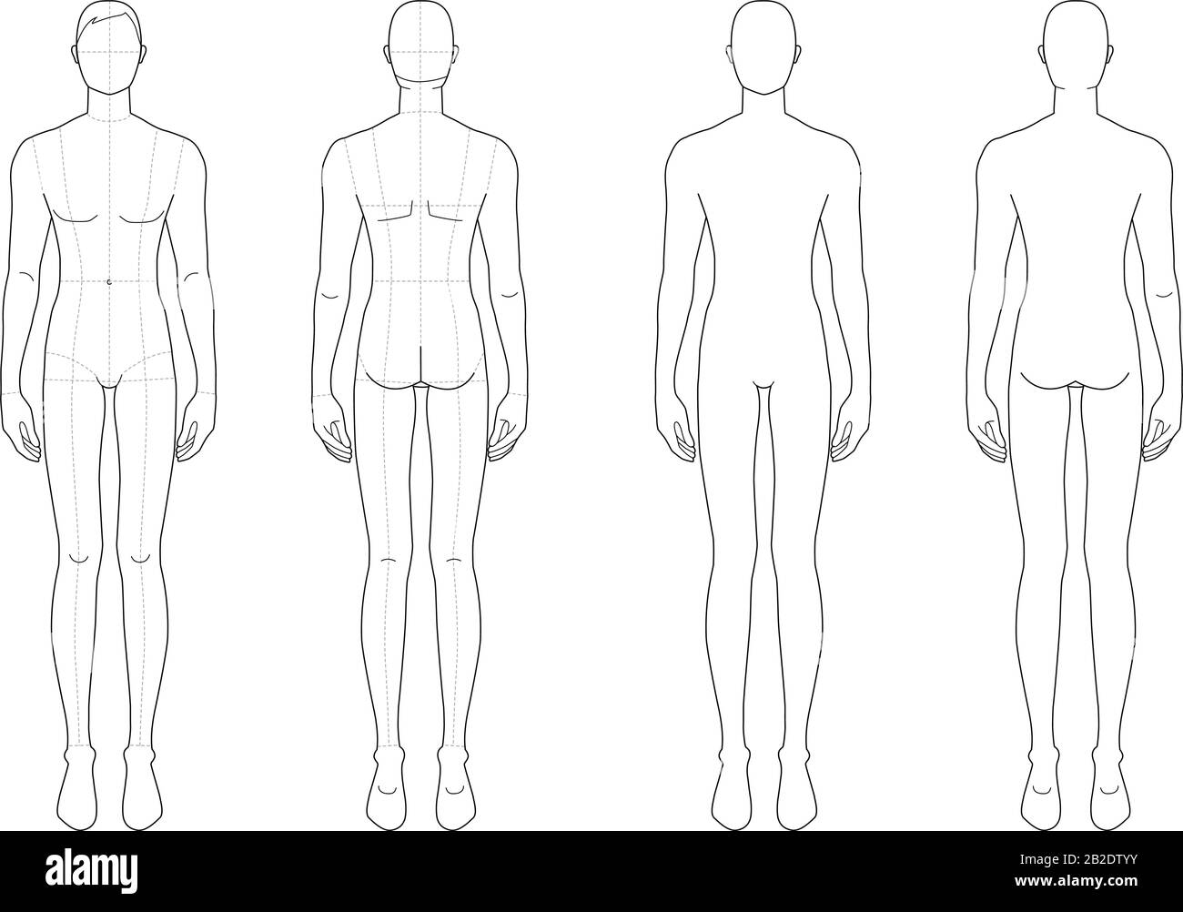 Modello di moda di uomini in piedi. 9 dimensioni testa per disegno tecnico con e senza linee principali. I signori sono una vista frontale e una vista posteriore. Vettore contorno ragazzo per moda schizzo e illustrazione. Illustrazione Vettoriale