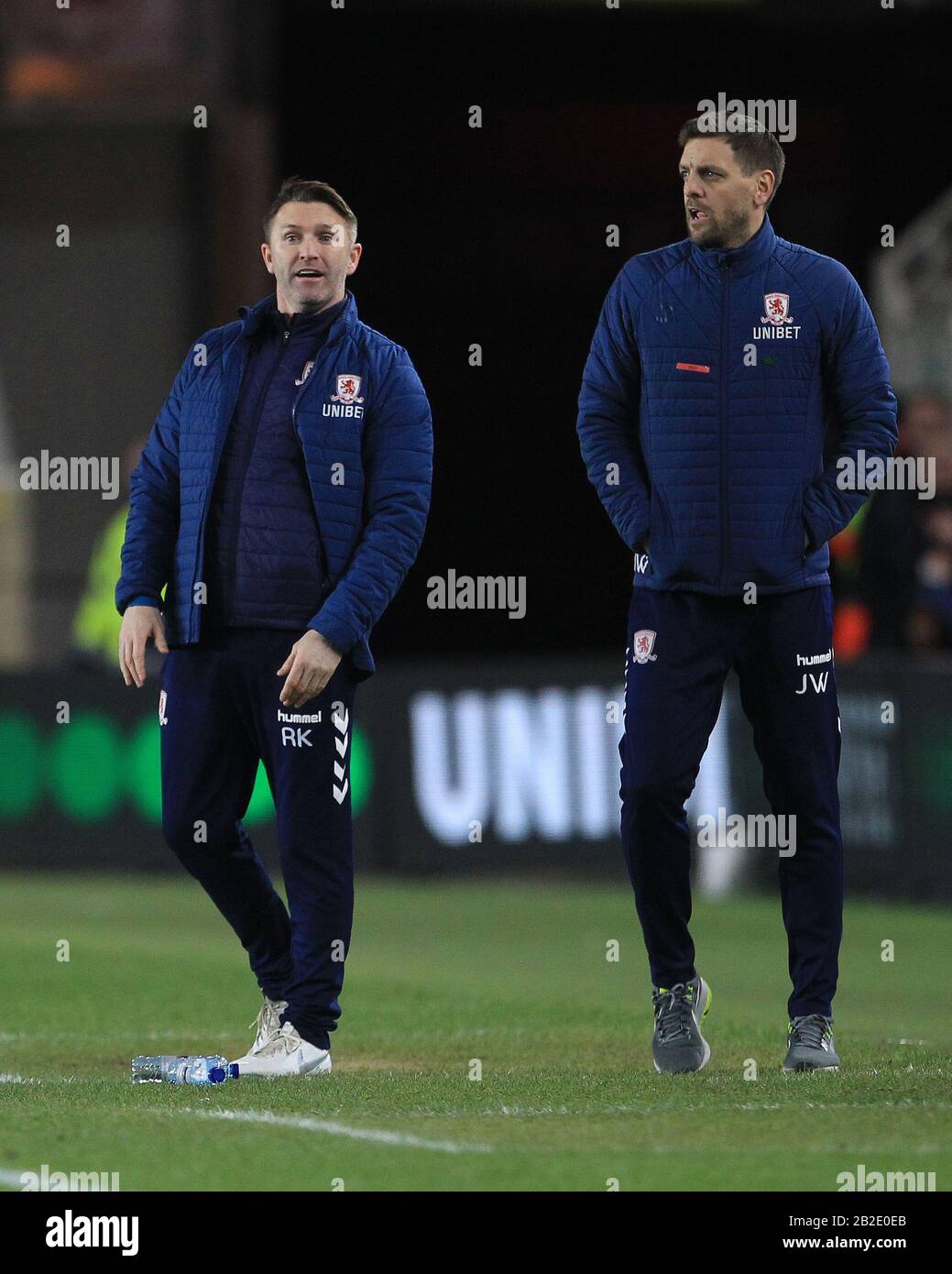 Middlesbrough, INGHILTERRA - MARZO 2ND Assistente capo allenatore Robbie Keane (L) e Head Coach Jonathan Woodgate (R) durante la partita Sky Bet Championship tra Middlesbrough e Nottingham Forest al Riverside Stadium, Middlesbrough lunedì 2nd marzo 2020. (Credit: Mark Fletcher | MI News) La Fotografia può essere utilizzata solo per scopi editoriali di giornali e/o riviste, licenza richiesta per uso commerciale Credit: Mi News & Sport /Alamy Live News Foto Stock