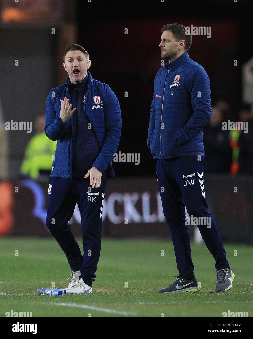 Middlesbrough, INGHILTERRA - MARZO 2ND Assistente capo allenatore Robbie Keane (L) e Head Coach Jonathan Woodgate (R) durante la partita Sky Bet Championship tra Middlesbrough e Nottingham Forest al Riverside Stadium, Middlesbrough lunedì 2nd marzo 2020. (Credit: Mark Fletcher | MI News) La Fotografia può essere utilizzata solo per scopi editoriali di giornali e/o riviste, licenza richiesta per uso commerciale Credit: Mi News & Sport /Alamy Live News Foto Stock