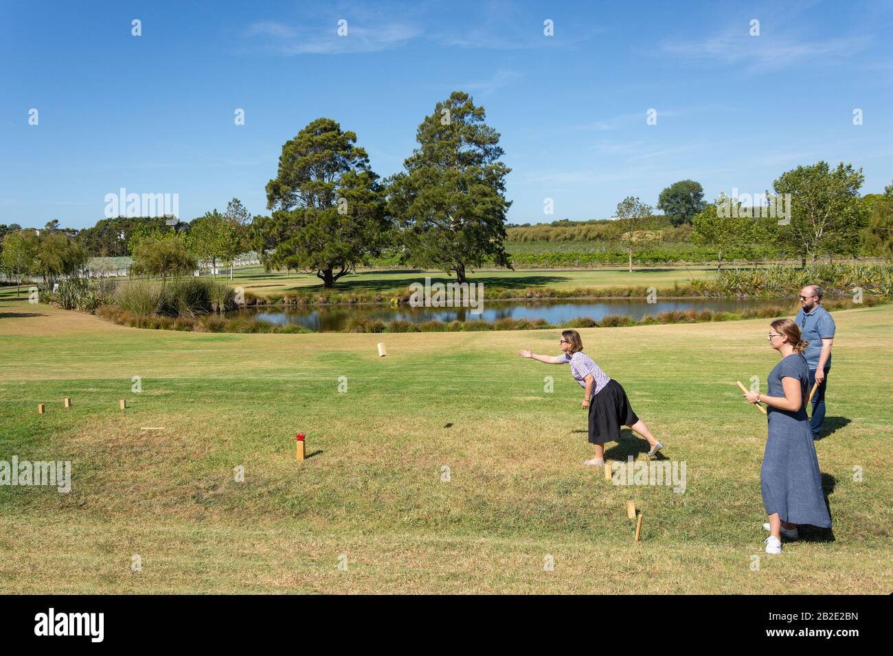 Gli ospiti che giocano a Stick Game sul prato presso la Villa Maria Auckland Winery, Mangere, Auckland, Auckland Region, New Zealand Foto Stock