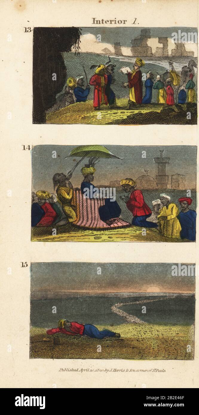 Frederick Horneman leggendo il Corano ai berberi dell'Oasi di Siwa 13, una carovana che saluta il sultano di Fezzan 14, e un viaggiatore lasciato nel deserto. Incisione su copperplate a mano dalle Scene di Rev. Isaac Taylor in Africa per il divertimento e l'istruzione di Little Tarry-at-Home Travelers, Harris and Son, Londra, 1820. Foto Stock