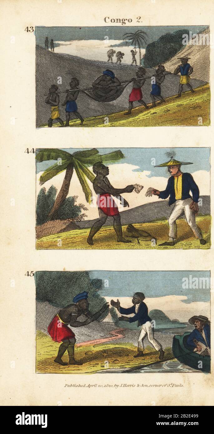 Un grande uomo portato da schiavi in un palanquin 43, uomini che colpiscono un affare rompendo una foglia 44, e scampato schiavo Simmons incontro suo padre 45. Incisione su copperplate a mano dalle Scene di Rev. Isaac Taylor in Africa per il divertimento e l'istruzione di Little Tarry-at-Home Travelers, Harris and Son, Londra, 1820. Foto Stock