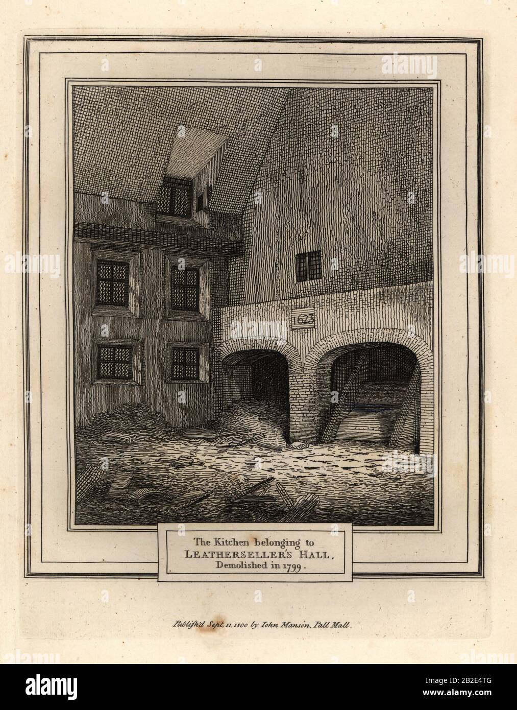 Cucina Di Leathersellers’ Hall, Londra. Demolito nel 1799. Incisione su copperplate di John Thomas Smith dopo i disegni originali dei membri della Società degli Antiquari del suo J.T. Le Antichità di Smith a Londra e Dintorni, J. Sewell, R. Folder, J. Simco, Londra, 1800. Foto Stock