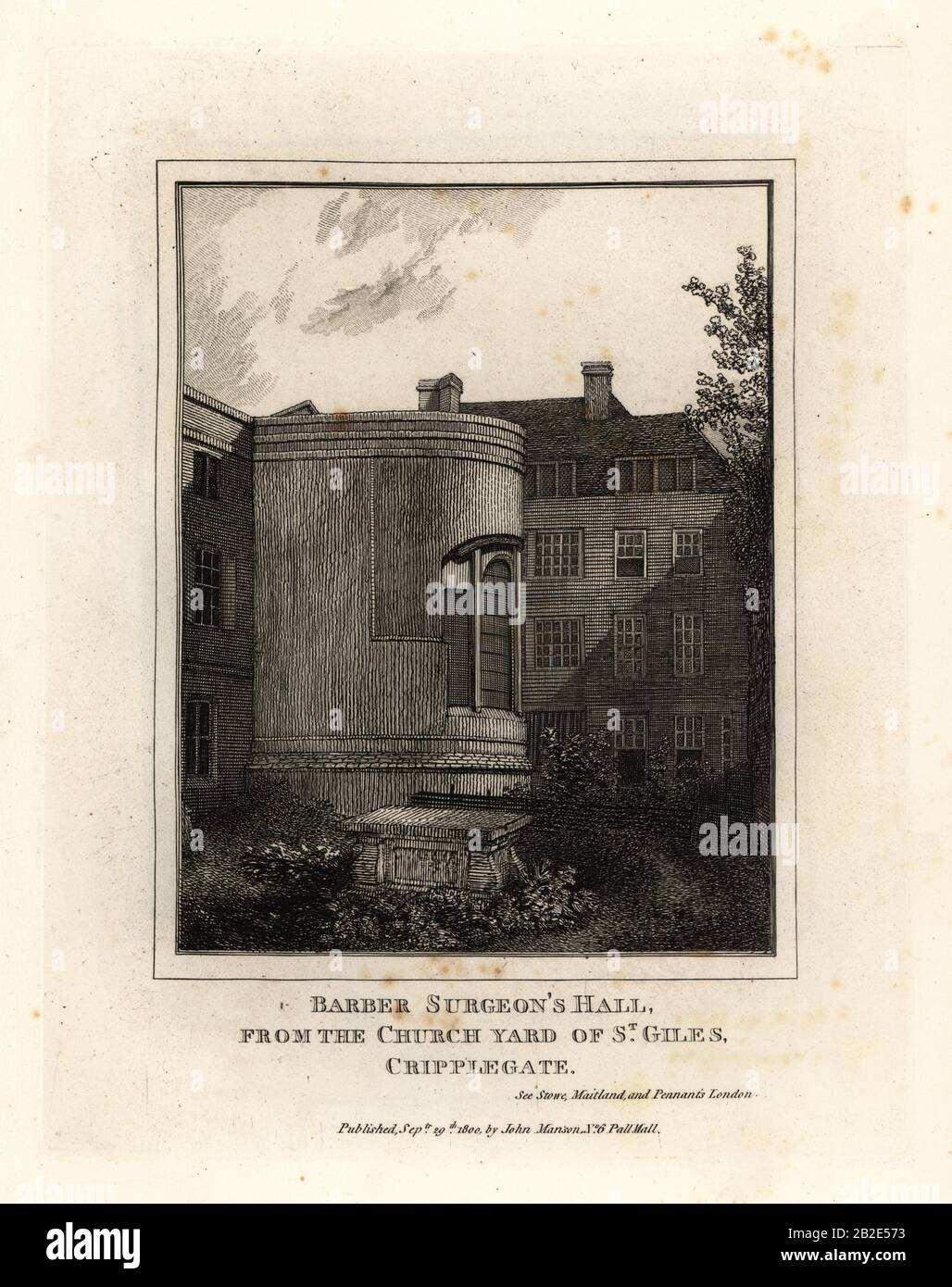 Barber Surgeon Hall, Monkwell Street, dal cortile della chiesa di St. Giles, Cripplegate. Incisione su copperplate di John Thomas Smith dopo i disegni originali dei membri della Società degli Antiquari del suo J.T. Le Antichità di Smith a Londra e Dintorni, J. Sewell, R. Folder, J. Simco, Londra, 1800. Foto Stock