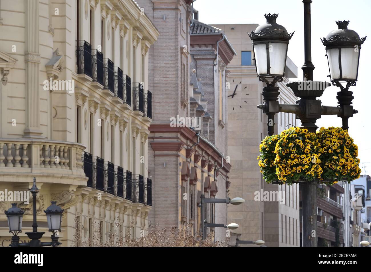 Lampione con fiori nel centro di Granada Foto Stock