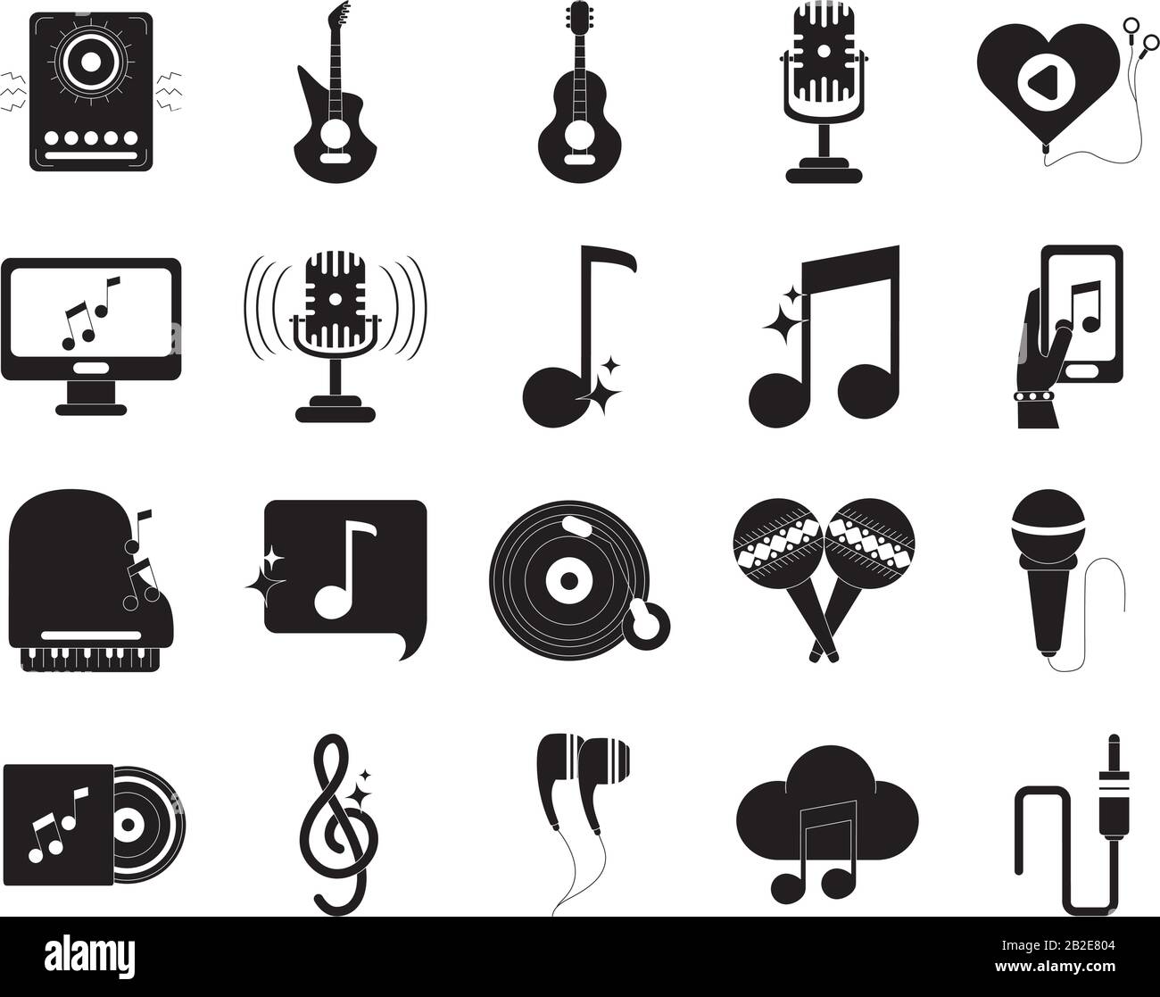 le icone audio della melodia musicale impostano l'icona dello stile della silhouette dell'illustrazione vettoriale Illustrazione Vettoriale