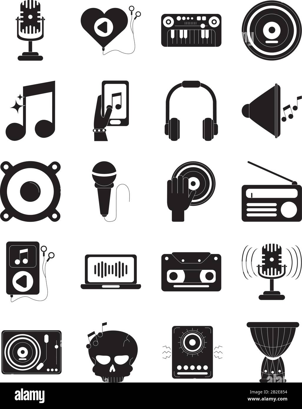 le icone audio della melodia musicale impostano l'icona dello stile della silhouette dell'illustrazione vettoriale Illustrazione Vettoriale