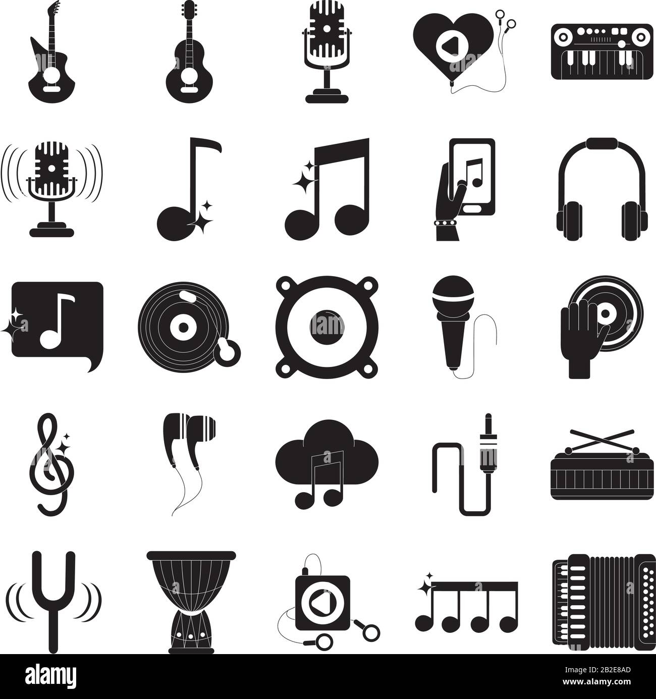 le icone audio della melodia musicale impostano l'icona dello stile della silhouette dell'illustrazione vettoriale Illustrazione Vettoriale