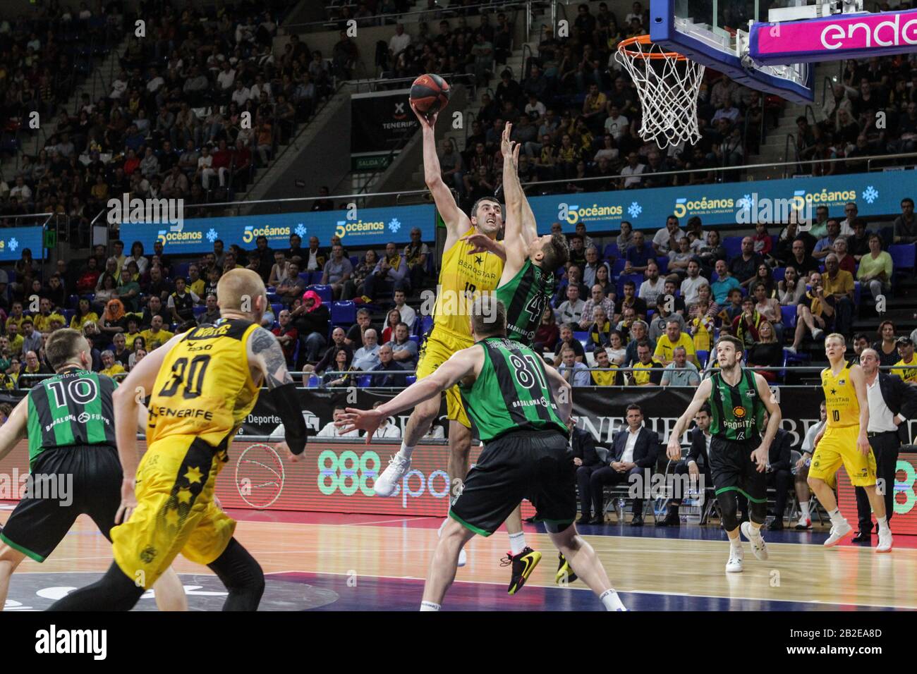 Giorgi Shermadini (Tenerife) e Oliver Stevic (Joventut Badalona) in azione durante il gioco 22th del Basketball Liga Endesa ACB, celebrato al Pabellón Santiago Martín a San Cristobal de la Laguna (Tenerife - Spagna).Iberostar Tenerife vince il Joventut Badalona (96 - 90). (Foto Di Elena Vizzoca/Pacific Press) Credit: Pacific Press Agency/Alamy Live News Foto Stock