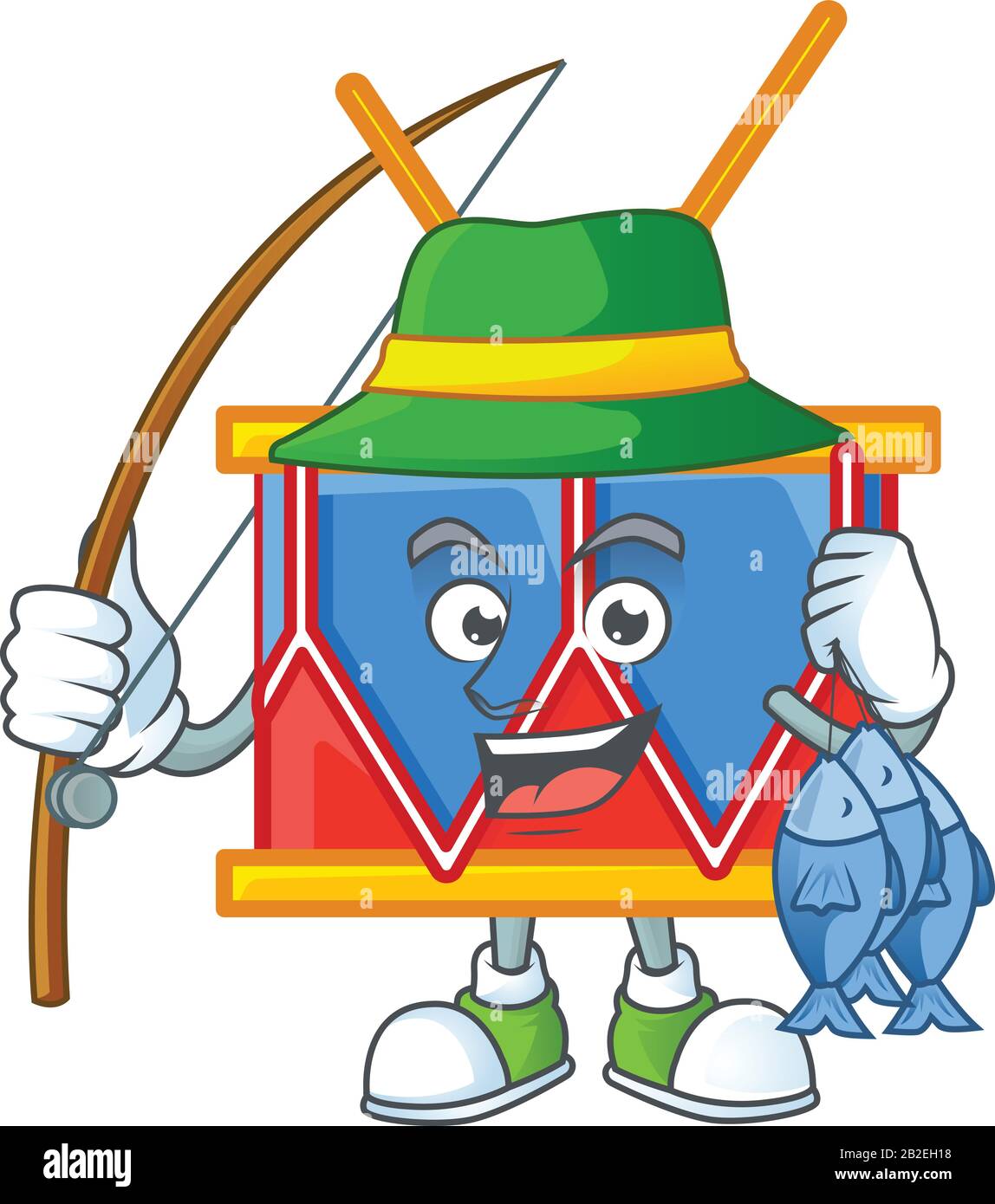 Un disegno mascotte di pesca indipendente tamburo di giorno con 3 pesci Illustrazione Vettoriale