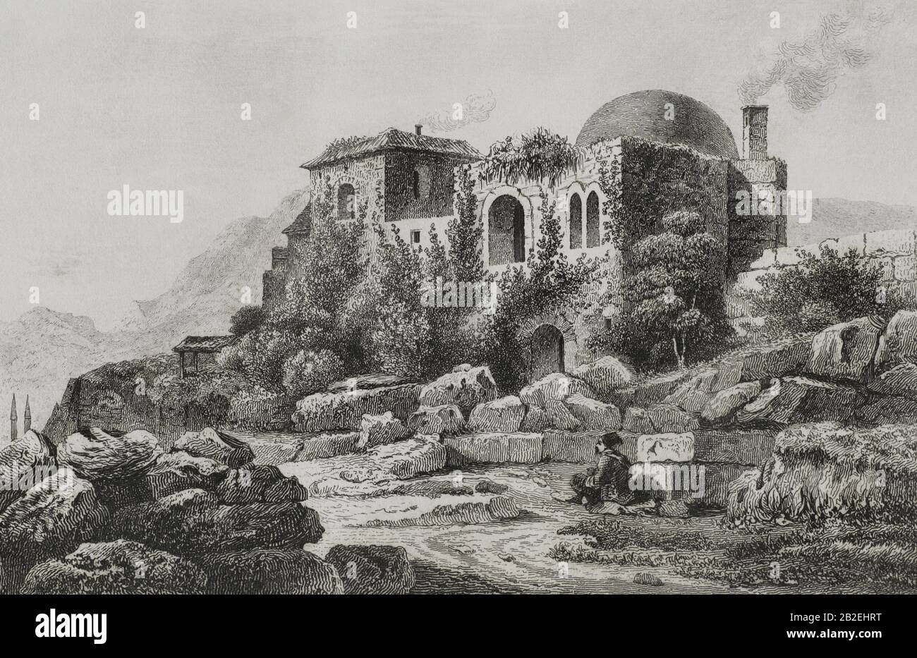 Imperio Otomano. Castillo de Brousse. Grabado por Lemaitre, Vormser y Lepetit. Historia de Turquía, por Joseph Marie Jouannin (1783-1844) y Jules Van Gaver. Panorama Universale. Edición española de 1840. Foto Stock