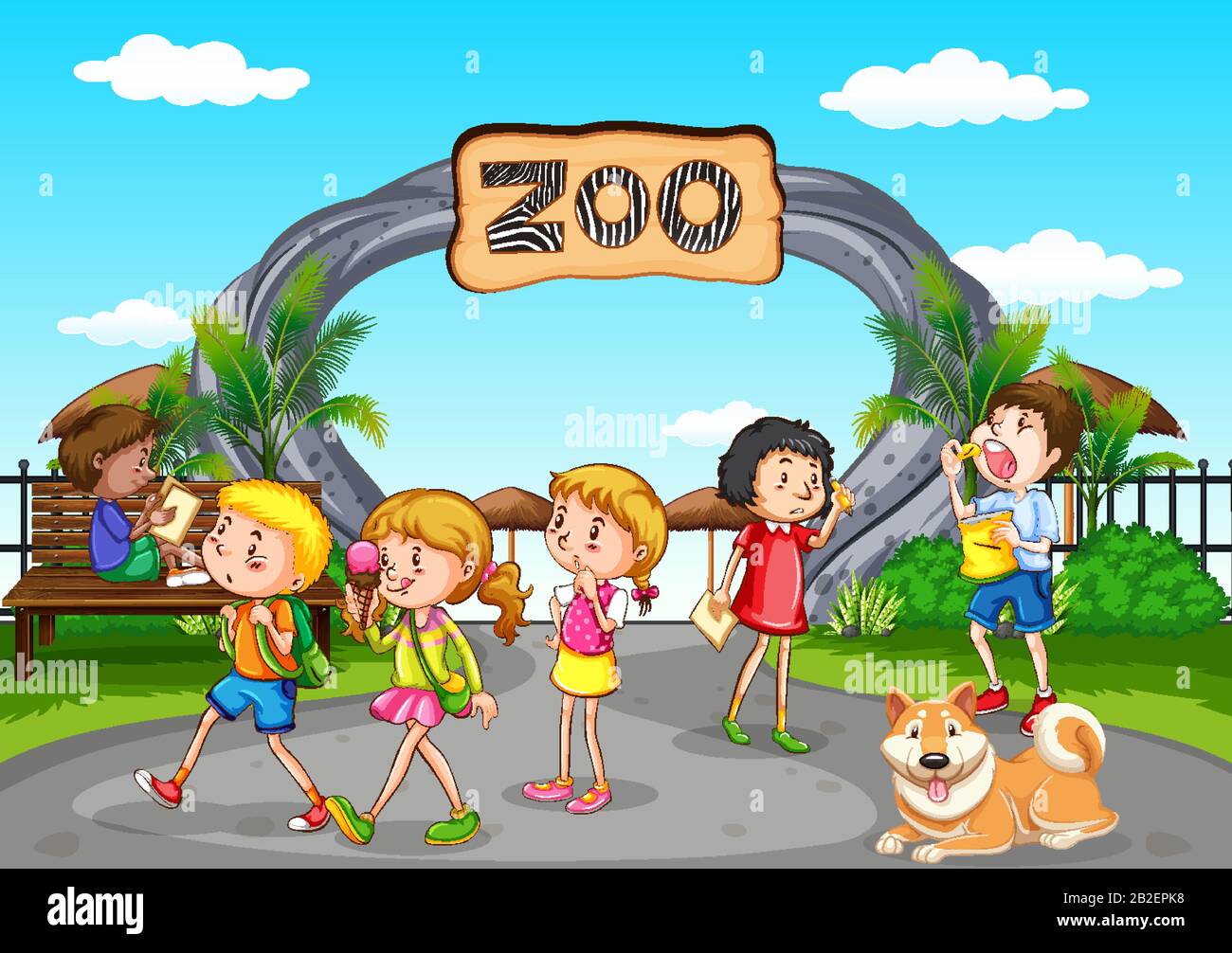 Scena con molti bambini che si divertono all'illustrazione dello zoo Illustrazione Vettoriale