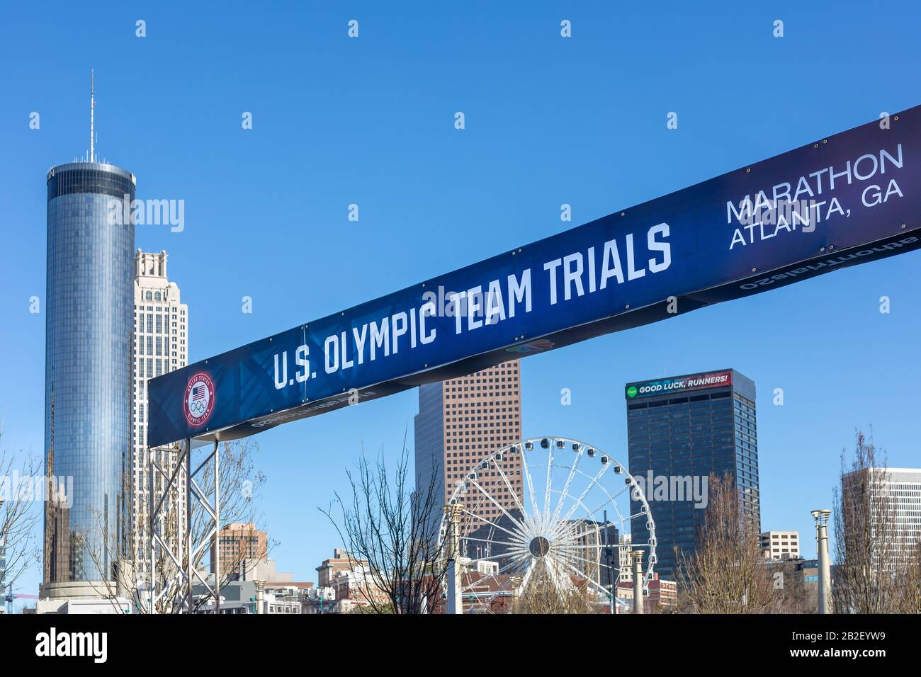 Atlanta, USA, 29 febbraio 2020 inizio e fine della linea alla maratona degli Stati Uniti Olympic Team Trials. Foto Stock