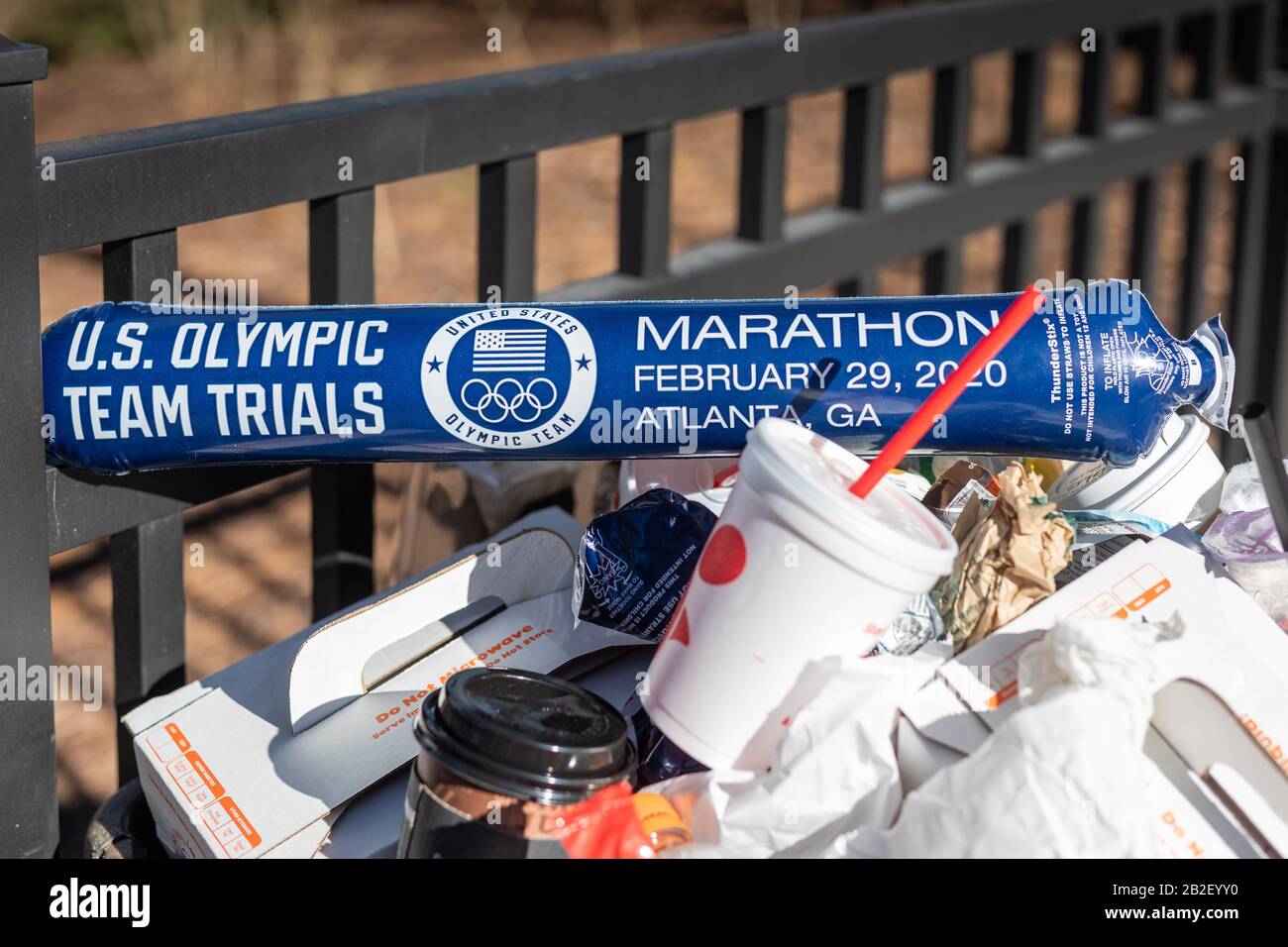Atlanta, USA, 29 febbraio 2020 inizio e fine della linea alla maratona degli Stati Uniti Olympic Team Trials. Foto Stock