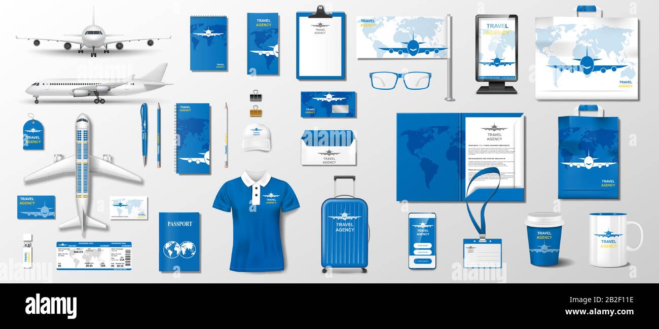 Modelli aziendali Realistici elementi di aeroplano per la progettazione di agenzie di viaggio. Mockup di cancelleria di stile di affari per il viaggio e la vacanza. Aereo di linea aerea Illustrazione Vettoriale