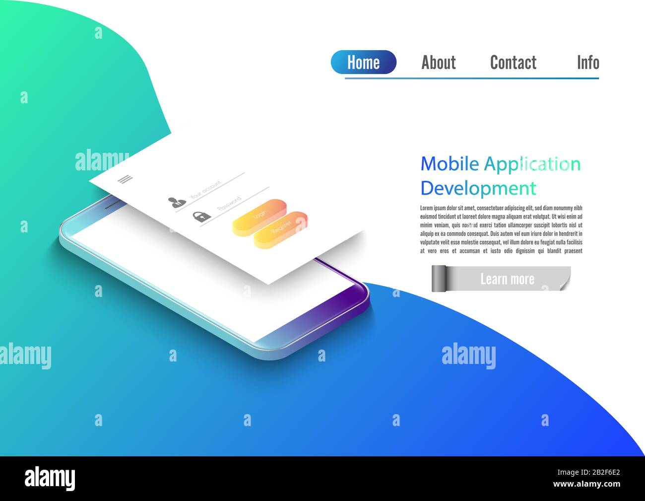 Illustrazione del vettore di sviluppo di app mobili. Telefono cellulare isometrico con layout di applicazione. Esperienza utente, interfaccia di accesso utente. Software gadget. Illustrazione Vettoriale