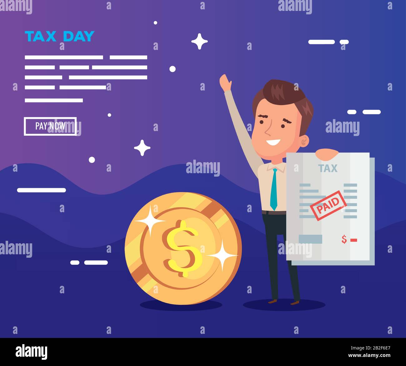 poster fiscale giorno con uomo d'affari e icone Illustrazione Vettoriale