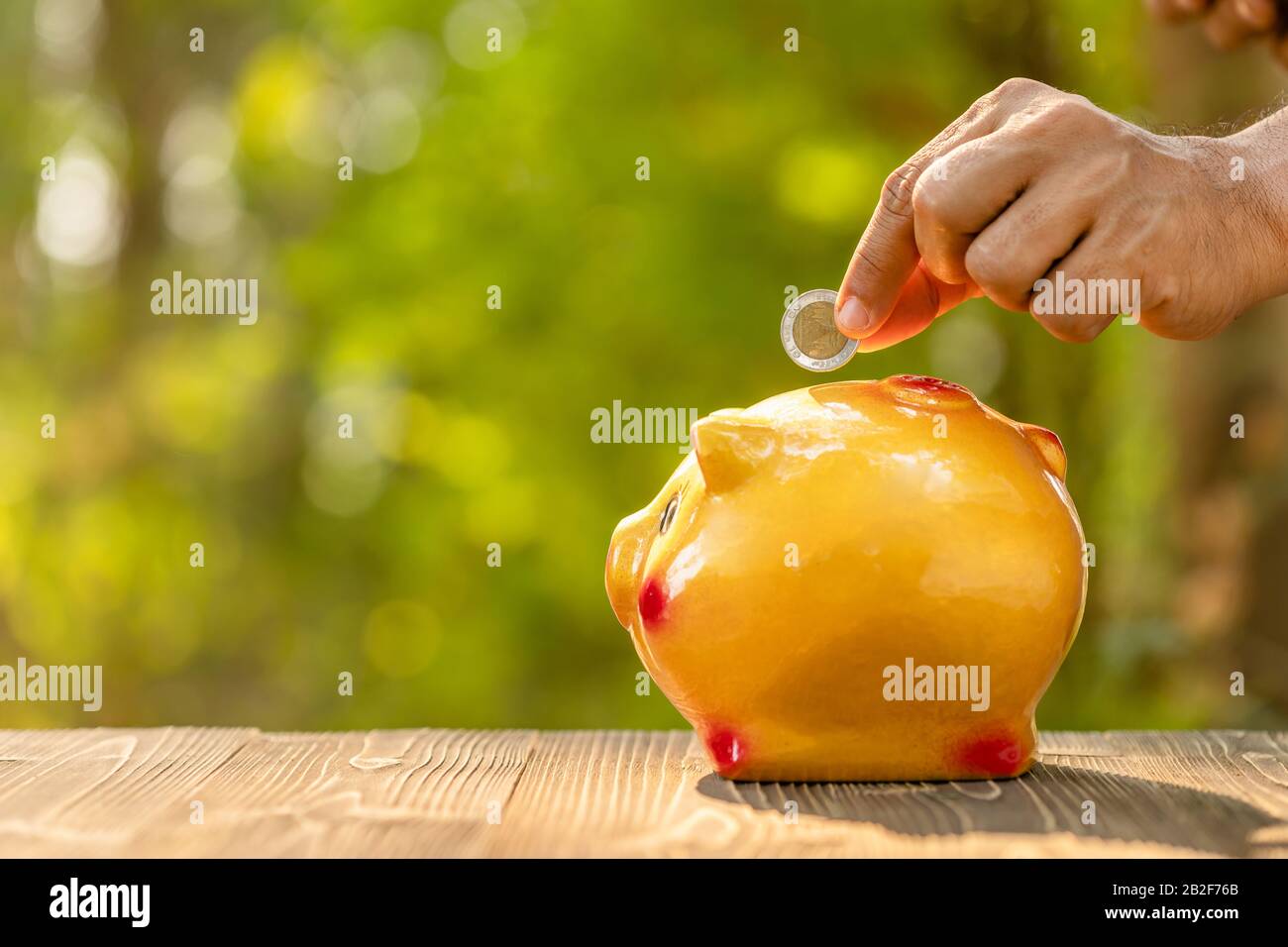 Primo piano mano mettere la moneta a banca piggy con verde natura sfondo sfocato. Concetto di risparmio economico Foto Stock