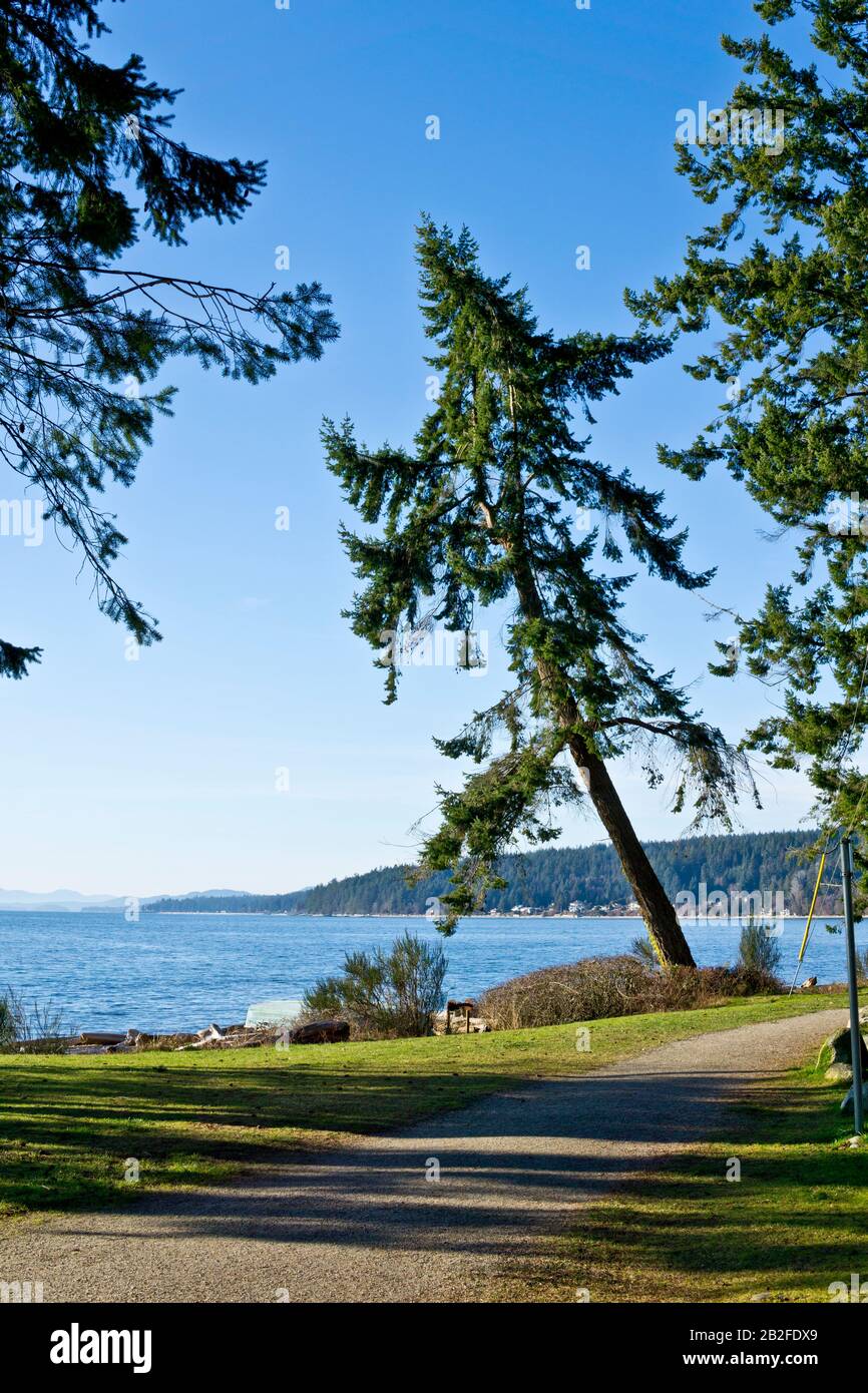 Viste panoramiche con l'oceano e le montagne da Bonniebrook Beach sulla Sunshine Coast, BC, Canada. Sentiero a piedi al Chaster Park a Gibsons. Foto Stock