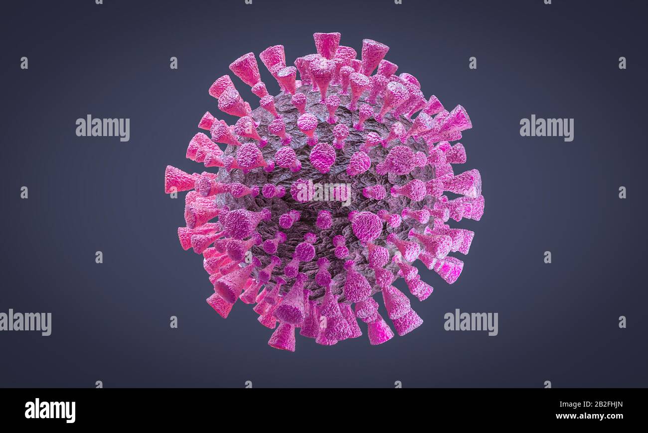 dettaglio del virus corona al microscopio. 3D render. Concetto di influenza e virus asiatici e generici. Foto Stock