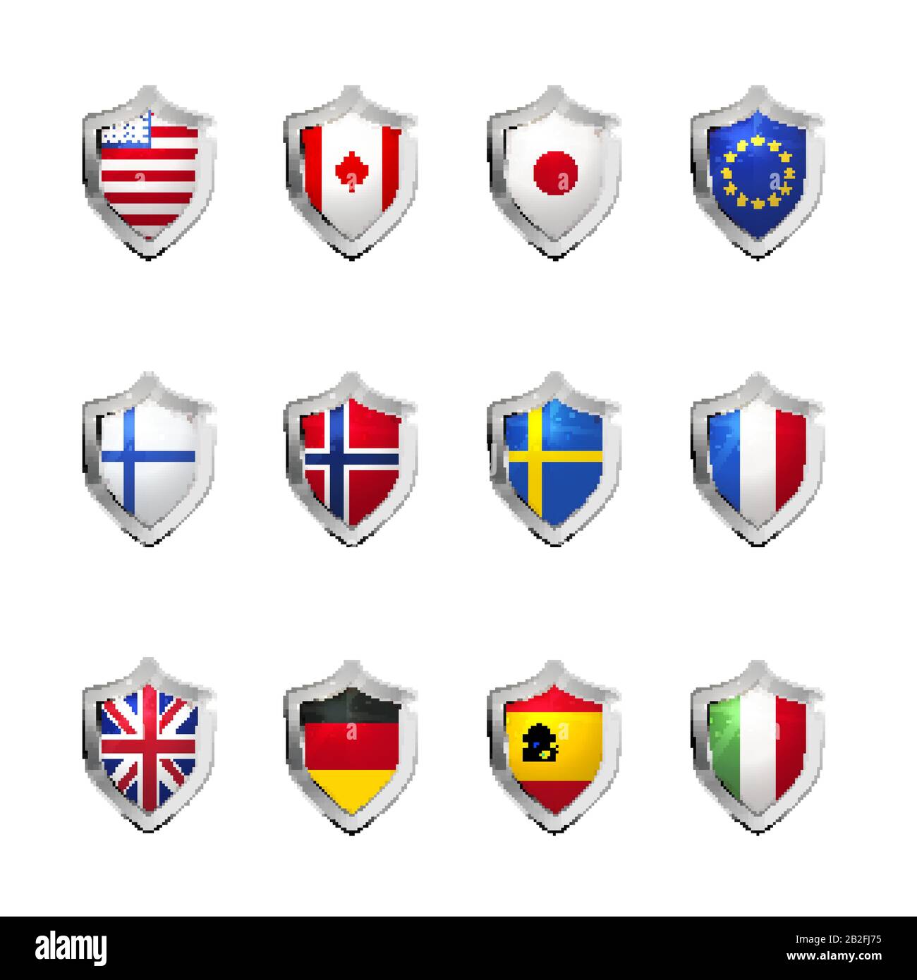 Una grande serie di bandiere di stati sovrani proiettate come a. schermo lucido su sfondo bianco Illustrazione Vettoriale