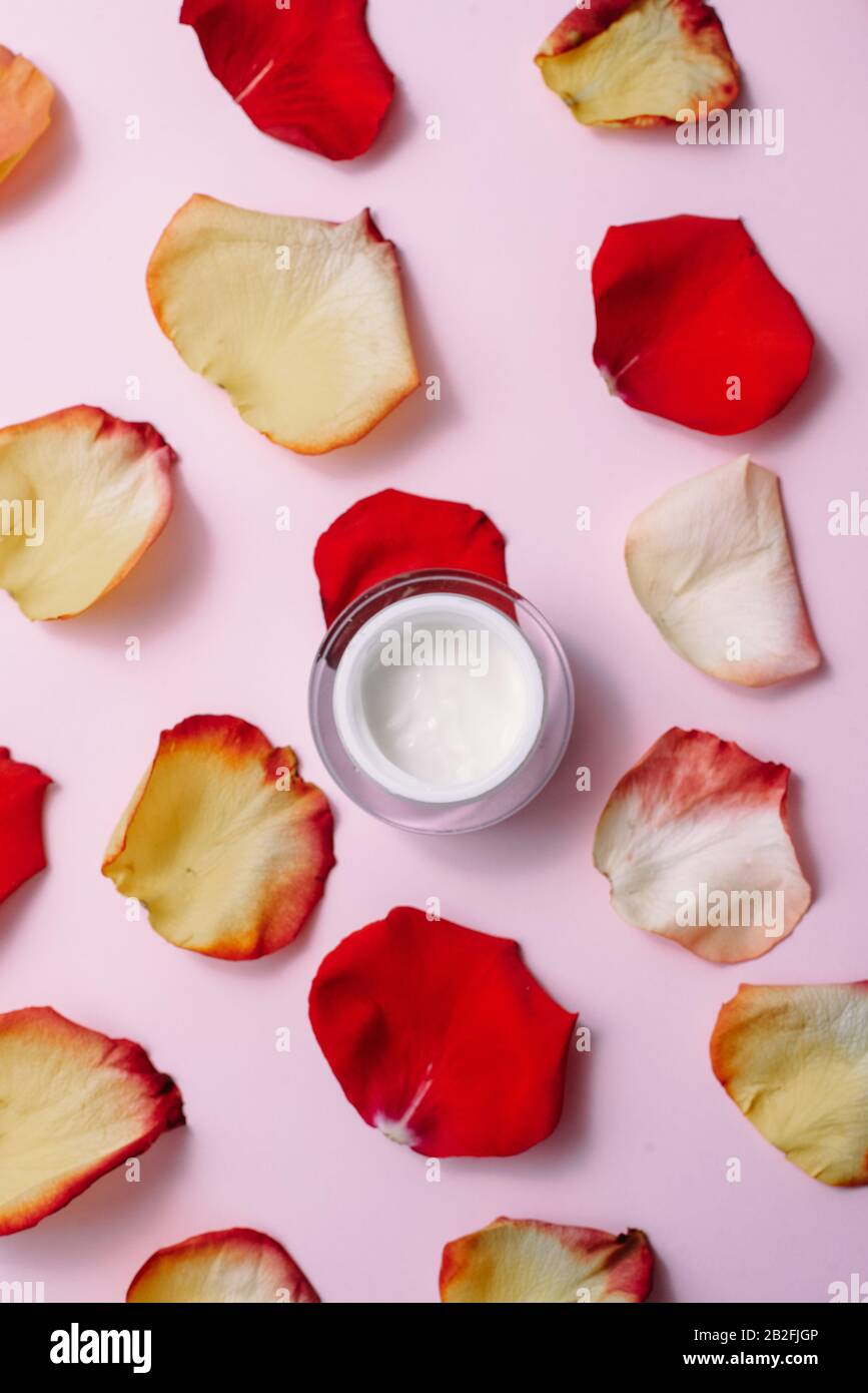 Apri moisturizer su sfondo rosa pastello tra petali di rosa rosso e arancione. Il concetto di cura della pelle, cura anti-invecchiamento, ingredienti naturali in cosmetica Foto Stock