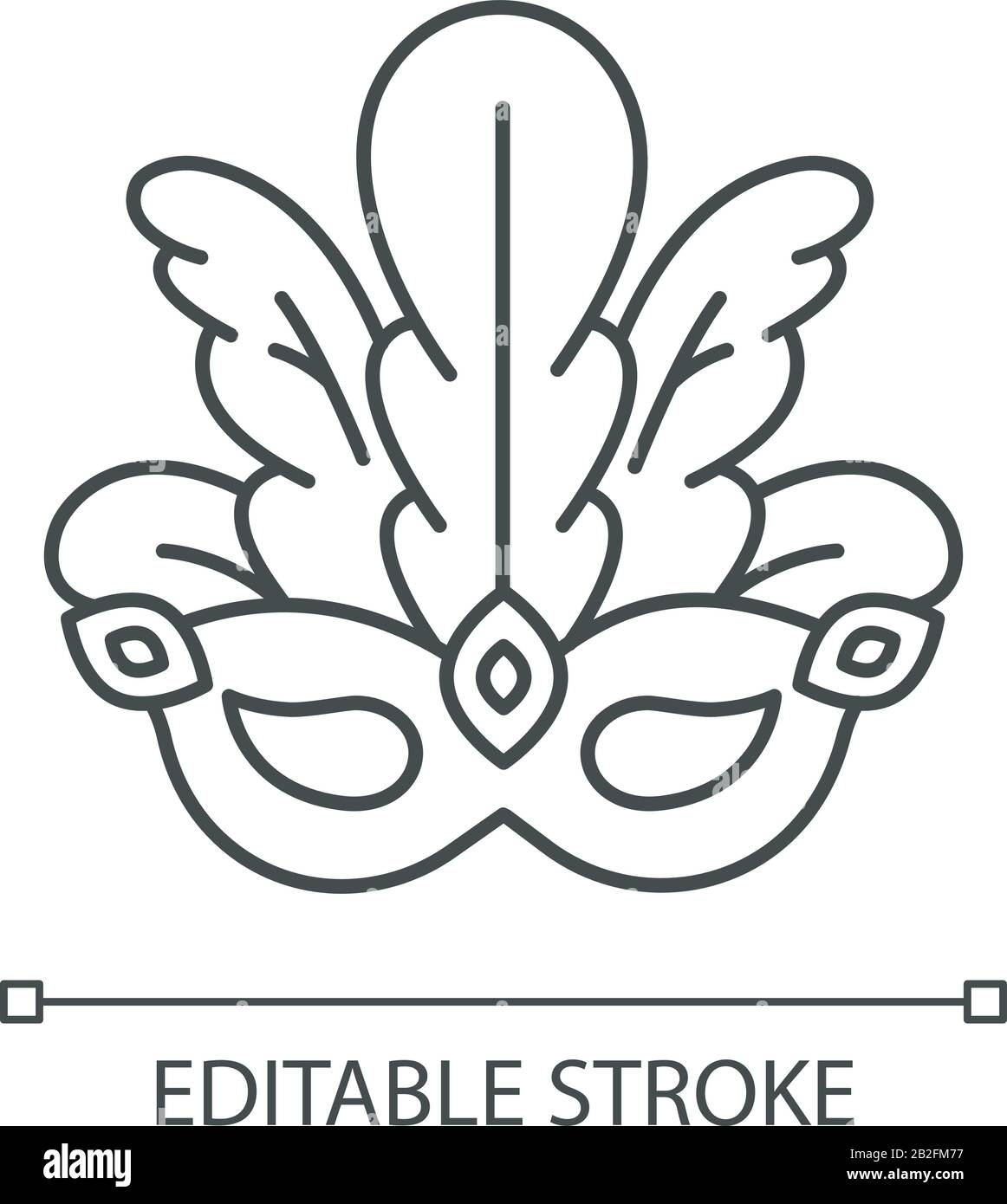 Maschera Masquerade pixel icona lineare perfetta. Headwear brasiliano tradizionale con piumaggio. Festa etnica. Illustrazione personalizzabile a linee sottili. Illustrazione Vettoriale