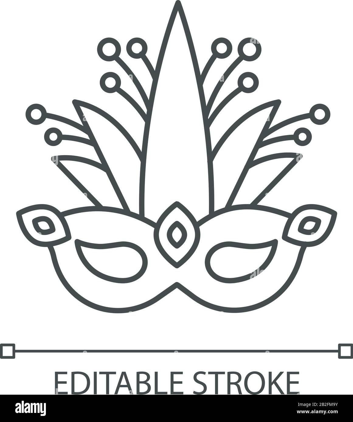 Maschera Masquerade pixel icona lineare perfetta. Copricapo tradizionale con foglie di piante. Festa etnica. Illustrazione personalizzabile a linee sottili. Illustrazione Vettoriale