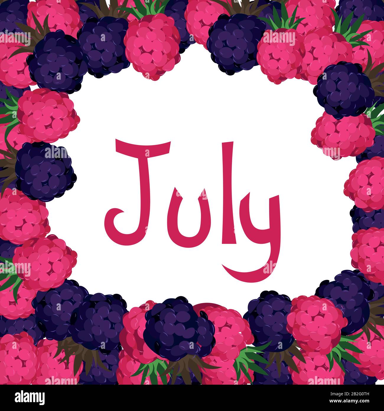 L'iscrizione luglio nella cornice delle bacche. Lamponi e more. Progettazione di un calendario, cartolina, flyer. Illustrazione Vettoriale