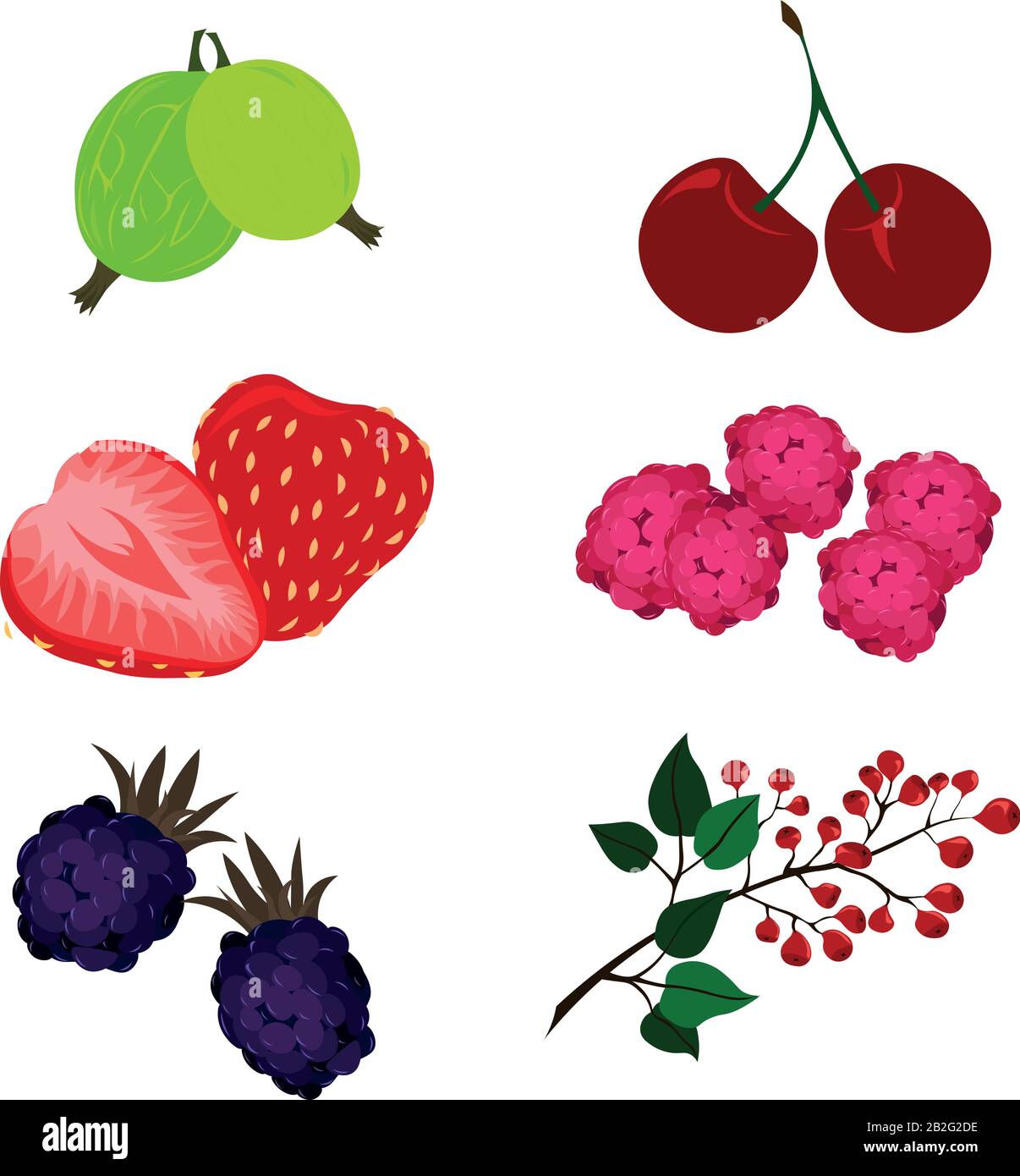 Set di bacche vettoriali: Uva spina, ciliegia, fragola, lampone, mora, mirtillo. Illustrazione Vettoriale