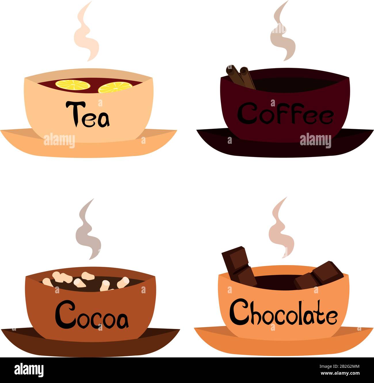 Set di bevande calde: Caffè, tè, cacao, cioccolato. Design del menu, caffè, caffè, volantino, logo, stampa. Illustrazione Vettoriale