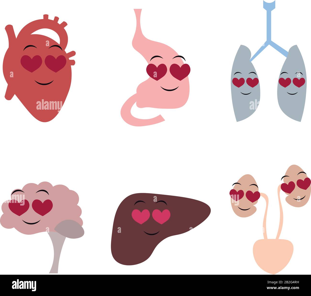 Organi del corpo umano in stile cartone animato. Cuore, cervello, apparato respiratorio, apparato digerente, sistema escretorio. Amore, salute, famiglia. Design f Illustrazione Vettoriale