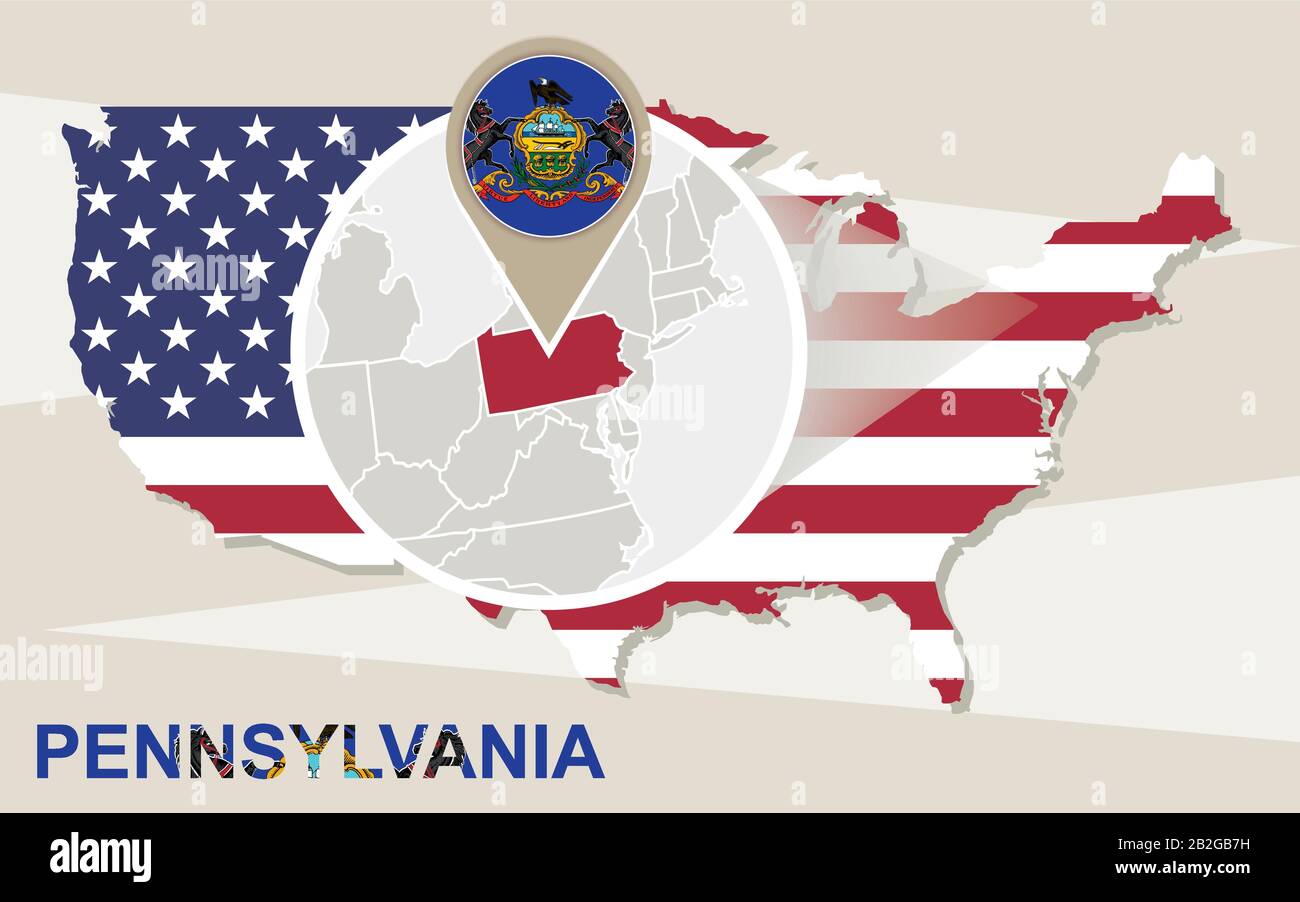 USA mappa con ingrandimento Pennsylvania state. Bandiera e mappa della Pennsylvania. Illustrazione Vettoriale