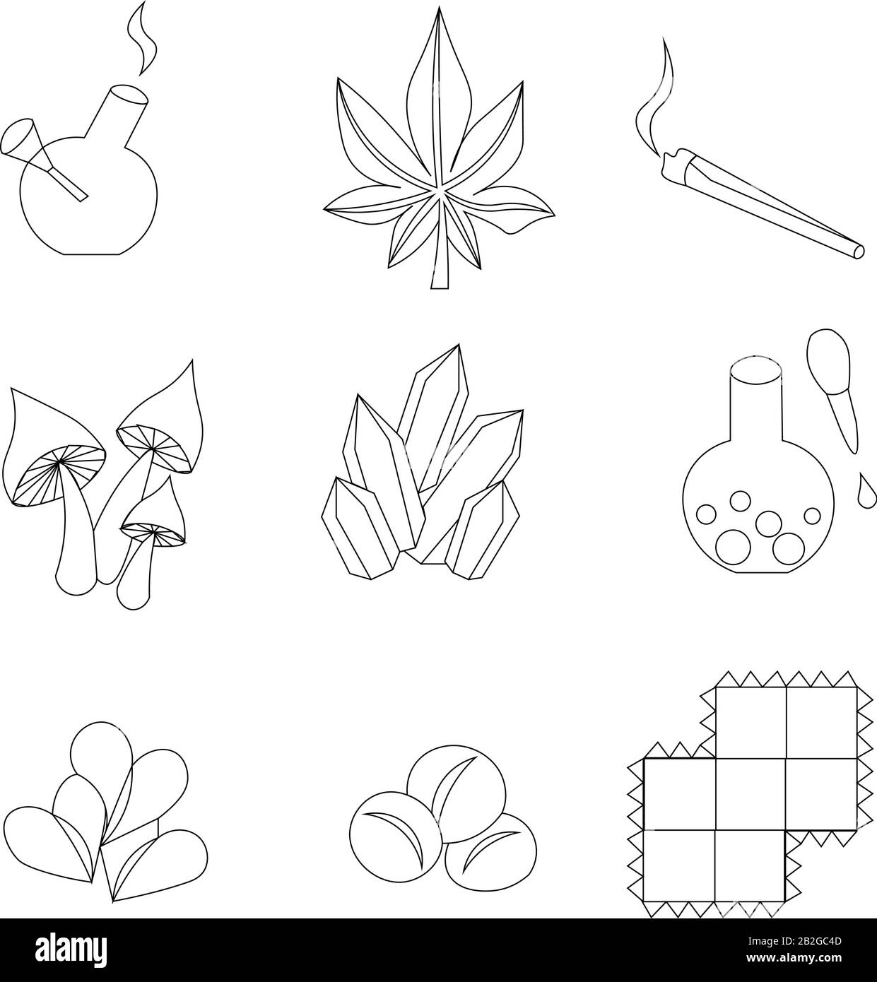 Set di icone per i farmaci. Marijuana, marchi LSD, prodotti per il fumo. Illustrazione Vettoriale