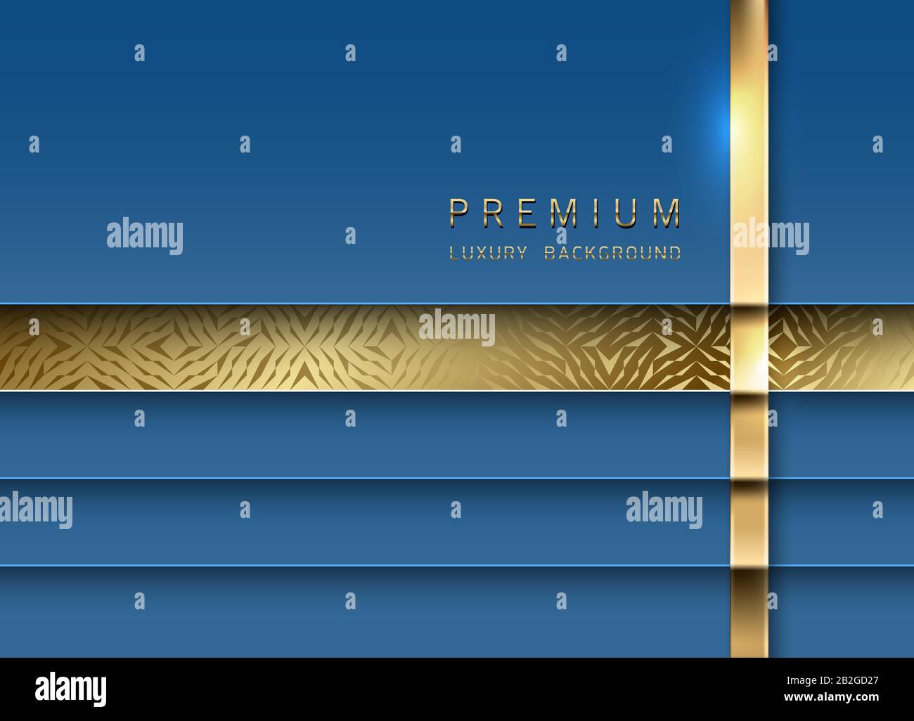 Contesto tecnologico del lusso vettoriale. Pila di carta di colore blu classico strato di materiale con striscia d'oro e motivo geometrico dorato. Design di qualità superiore. Illustrazione Vettoriale