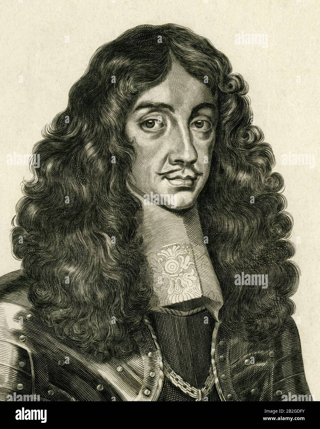Re Carlo II (1630-1685), monarca inglese della Restaurazione che combatté per la Corona durante le guerre civili inglesi. Dettaglio dell'incisione, pubblicato nel 1650, da William Faithorne il Vecchio (1616-1691). Faithorne era un monarchico e, come tutti i monarchici, credeva che Carlo II fosse re immediatamente dopo l'esecuzione del padre di Carlo, re Carlo i, nel 1649. Carlo II, il "Merry Monarch", fu restaurato al trono nel 1660 e il suo regno è associato a un periodo di gioia. Foto Stock