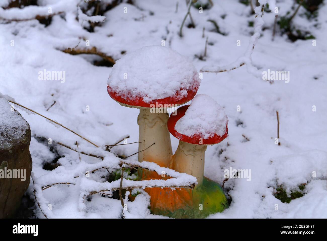 Funghi decorativi nel giardino cosparsi di neve bianca Foto Stock