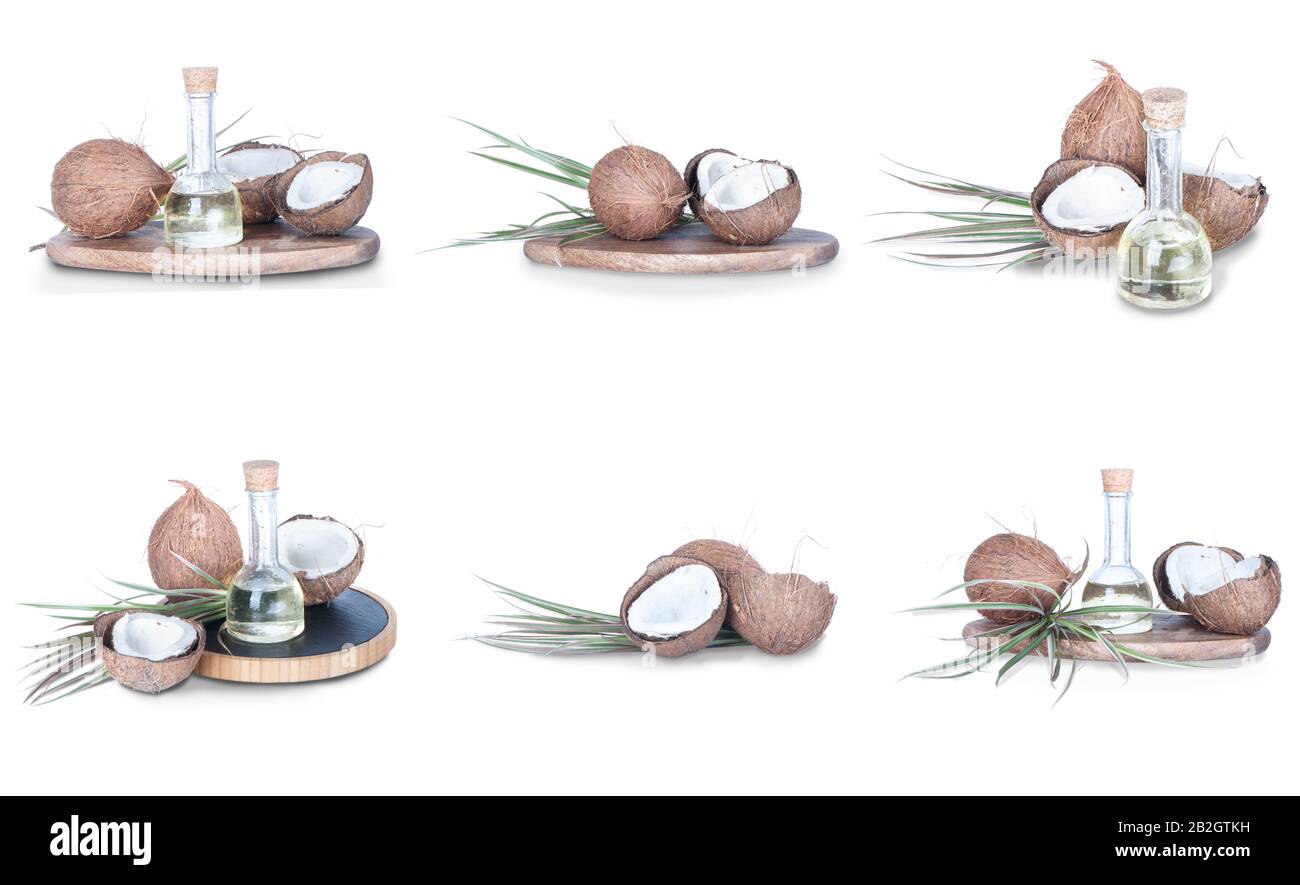 Set di sei immagini di cocco e olio di cocco isolato su bianco. Foto Stock