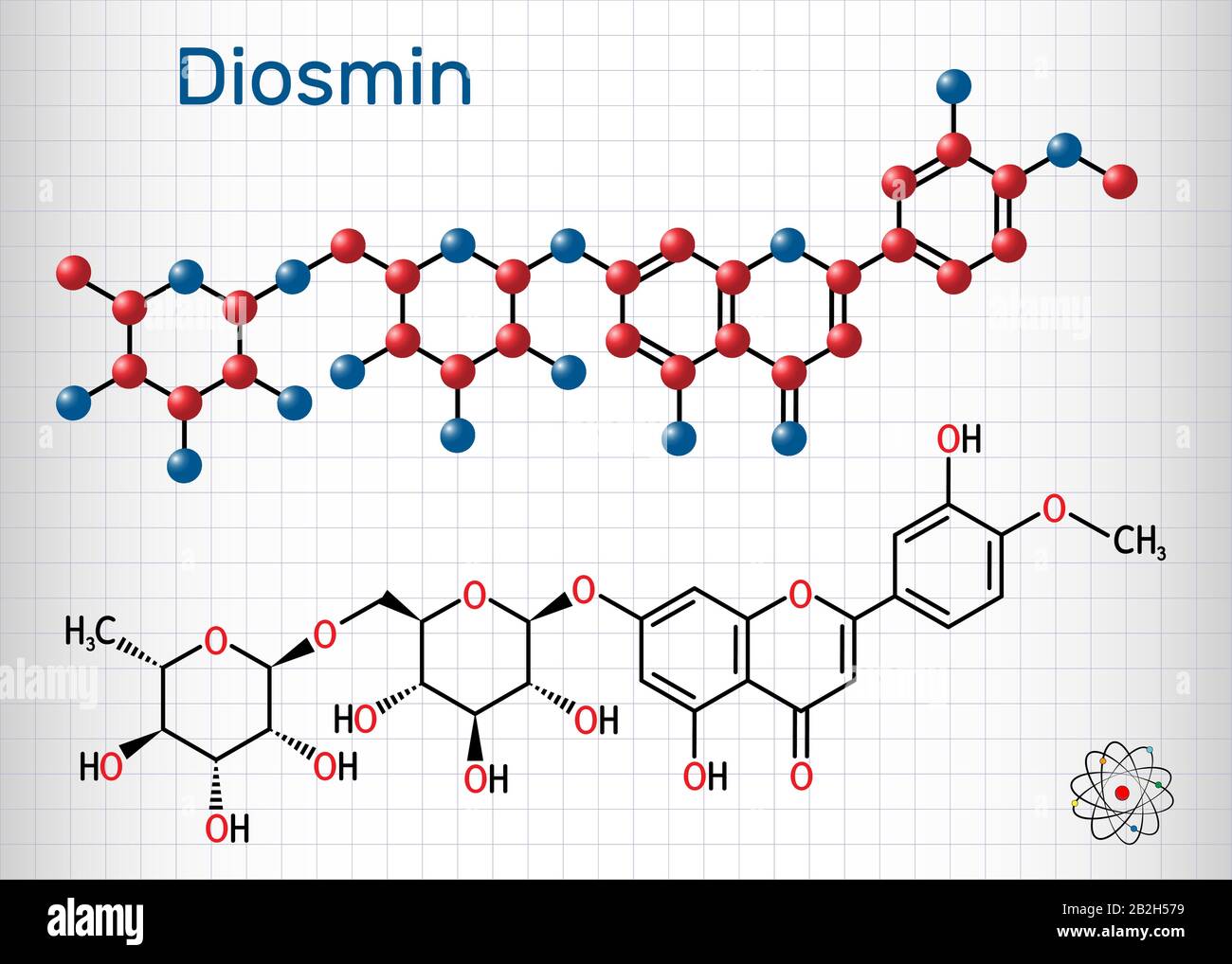 Diosmina, C28H32O15, molecola flavonoide. È flavone glicoside della diosmetina, farmaco semisintetico per il trattamento della malattia venosa. Foglio di carta i Illustrazione Vettoriale