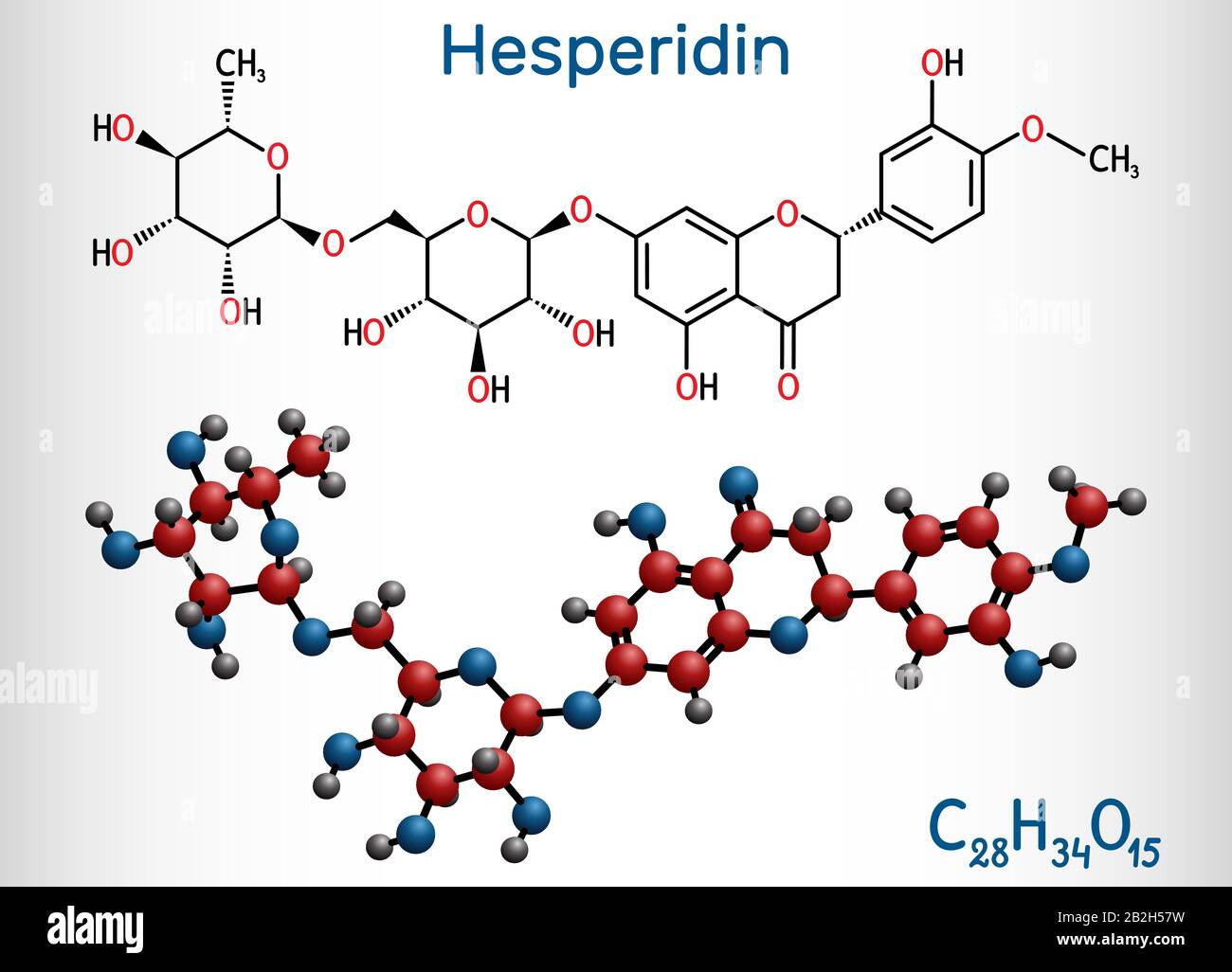 Esperidina, C28H34O15, molecola flavonoide. È glicoside flavanone, farmaco per il trattamento della malattia venosa. Formula chimica strutturale e molecola m Illustrazione Vettoriale