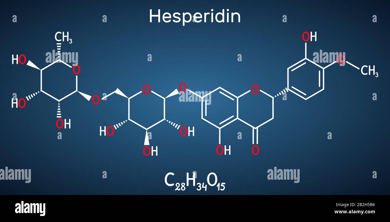 Esperidina, C28H34O15, molecola flavonoide. È glicoside flavanone, farmaco per il trattamento della malattia venosa. Formula chimica strutturale. blu scuro bac Illustrazione Vettoriale