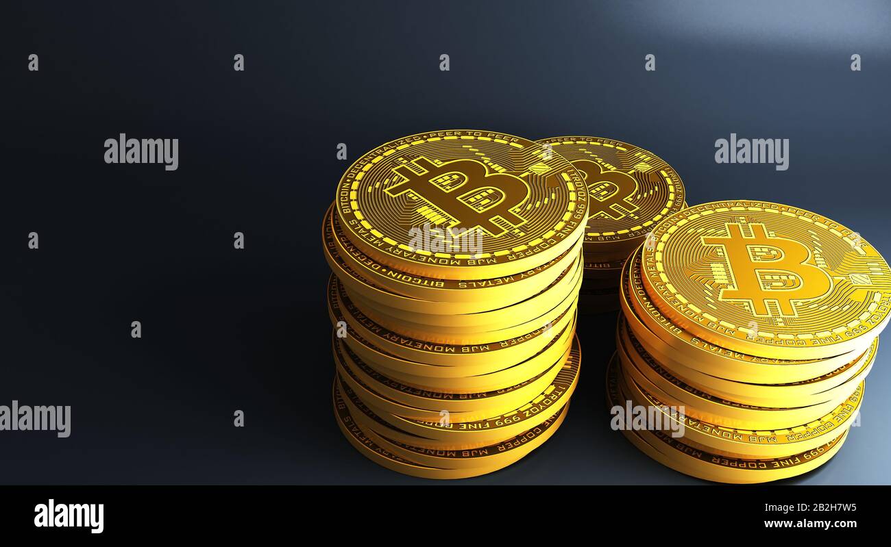 Molti gold bitcoins posa sulla superficie riflettente, rendering 3D Foto Stock