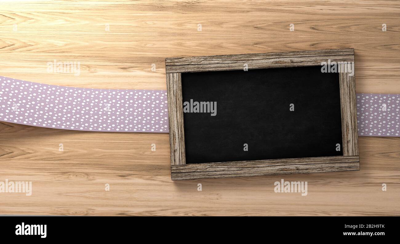 Lavagna vuota su sfondo rustico in legno con nastro ad anello 3d rendering Foto Stock