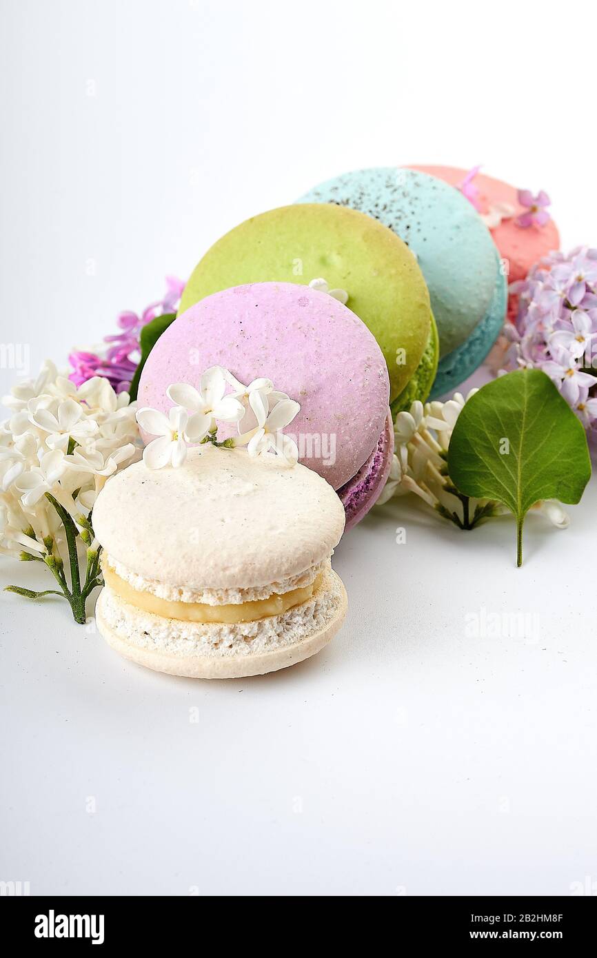Variopinto macaroon luminosi su un tavolo vintage bianco di legno accanto ai fiori lilla close-up Foto Stock