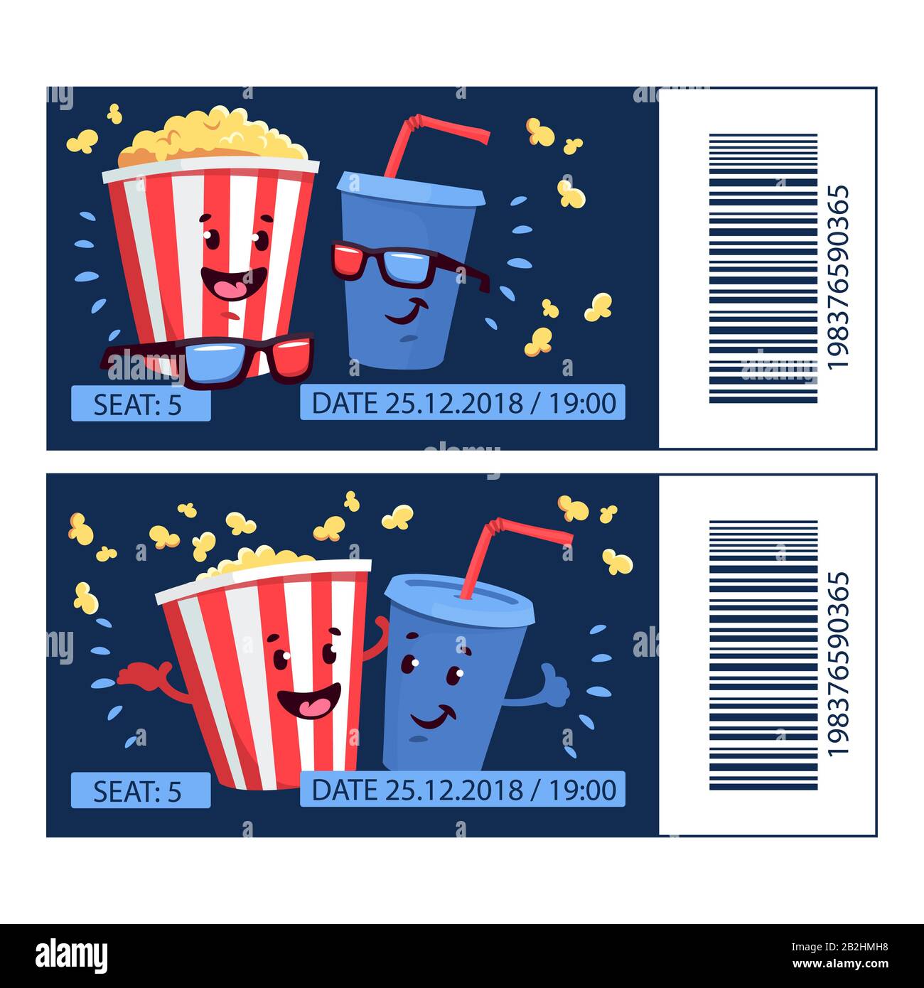 Biglietti per il cinema Flat Illustration con popcorn e bibite in cartone animato Illustrazione Vettoriale