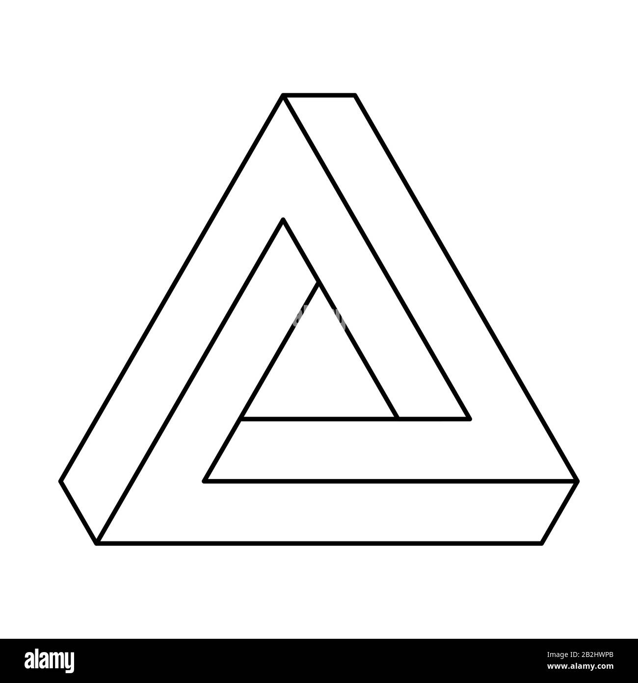 Triangolo Penrose, illusione ottica, contorni neri. Penrose tribar, un oggetto impossibile, sembra essere un oggetto solido, fatto di tre barre diritte. Foto Stock