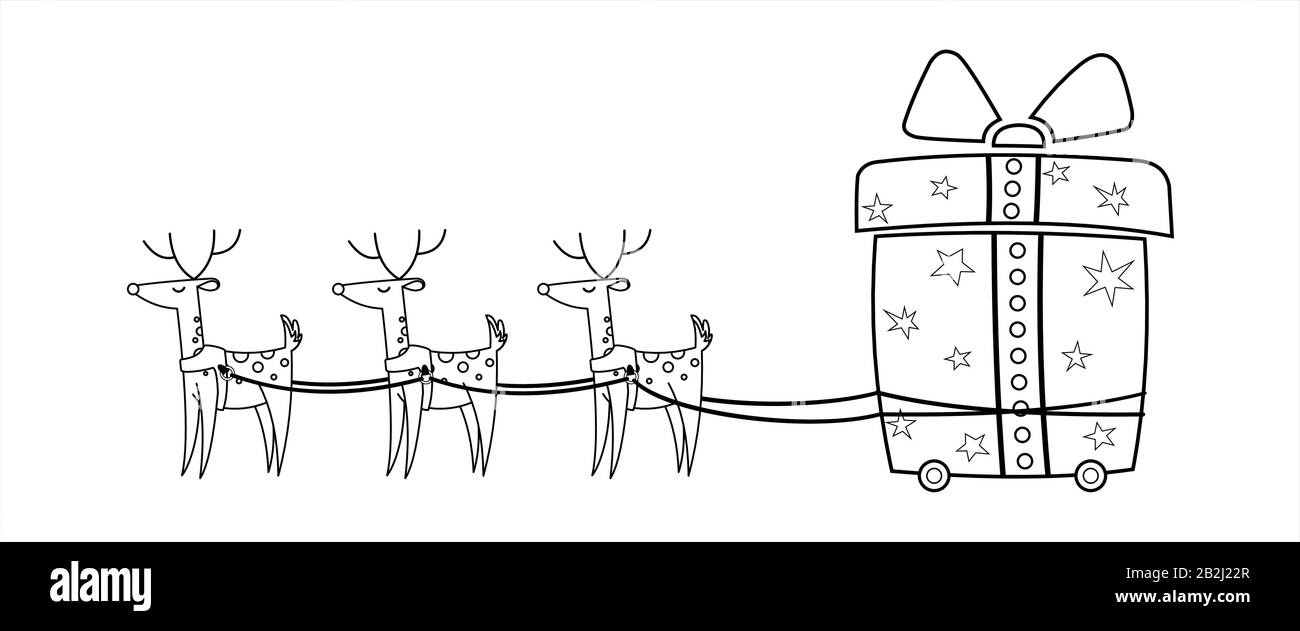 I Cervi Di Natale Portano Regali. Carrello Sotto Forma Di Regalo Su Ruote. Imbracatura Per Renne. Carino Deer Con Un Naso Grande. Illustrazione Vettoriale. Per Colorin Illustrazione Vettoriale