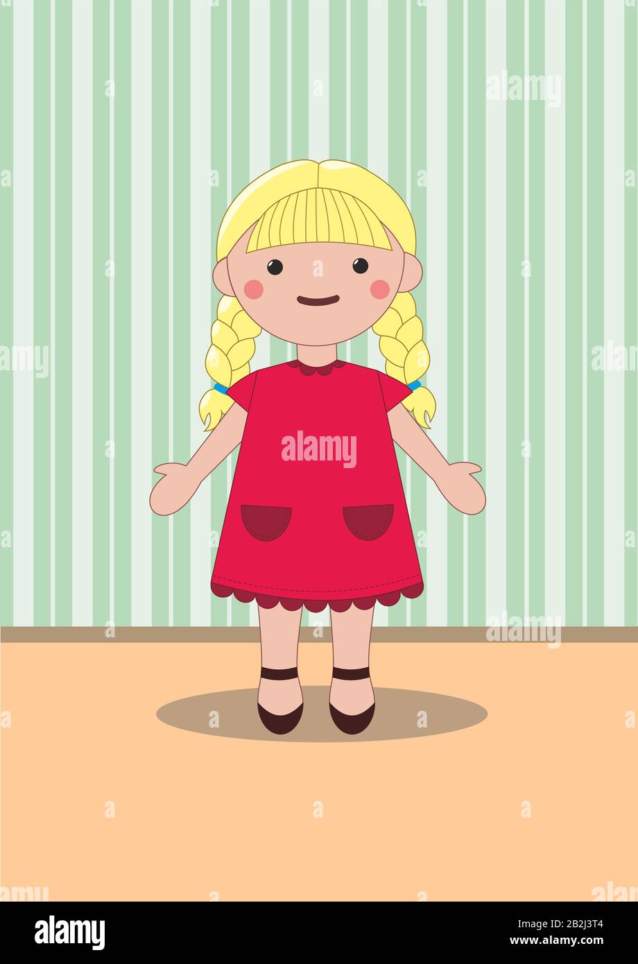 Bambola con capelli biondi, intrecciata con trecce, in abito rosso con tasche sul pavimento contro lo sfondo Illustrazione Vettoriale